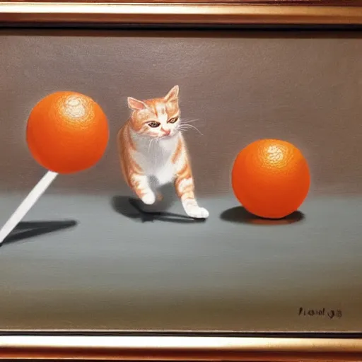 Prompt: Deux chats jouent au ping pong sur un fond orange, oil painting