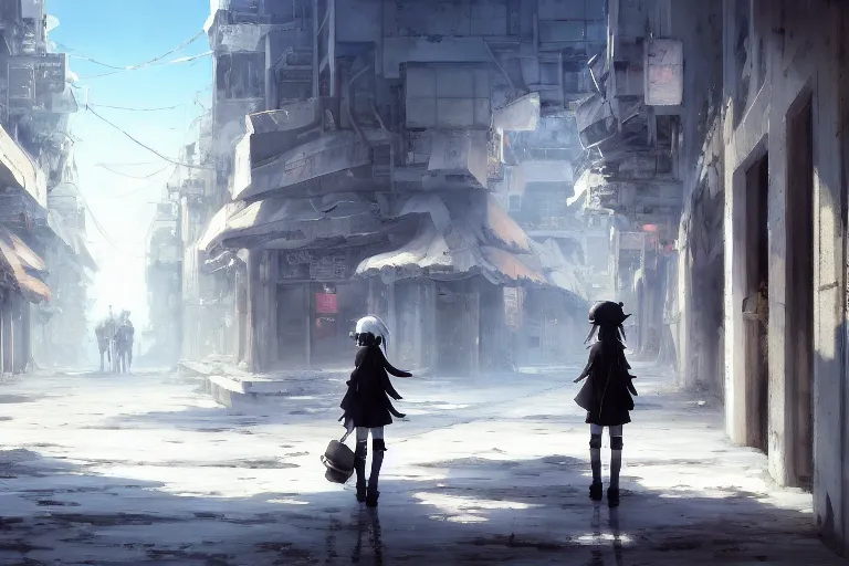 Prompt: baroque oil painting of anime key visual concept art of girl's last tour scenery official art, white clean abandoned concrete cityscapes, trending on artstation, palette knife and brush strokes, oil on canvas, style of makoto shinkai greg rutkowski studio ghibli