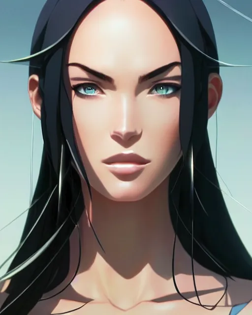 Image similar to azctec queen, megan fox, gemstone forehead, detailed perfect face, exquisite details, fire magic, mid view, design on a white background, by studio muti, greg rutkowski makoto shinkai takashi takeuchi studio ghibli