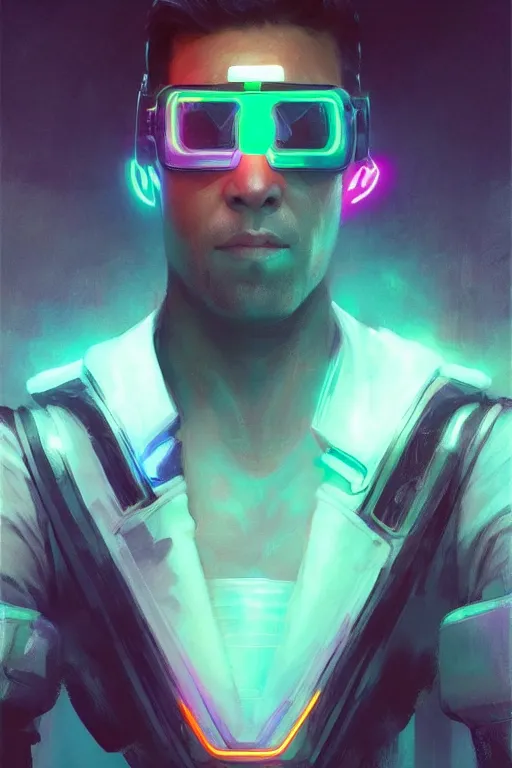 Image similar to portrait Ron Wisly with visor in cyberpunk, harry potter, neon lighting, night city, digital art from artstation by Ruan Jia and Mandy Jurgens and Artgerm and william-adolphe bouguereau and Greg Rutkowski