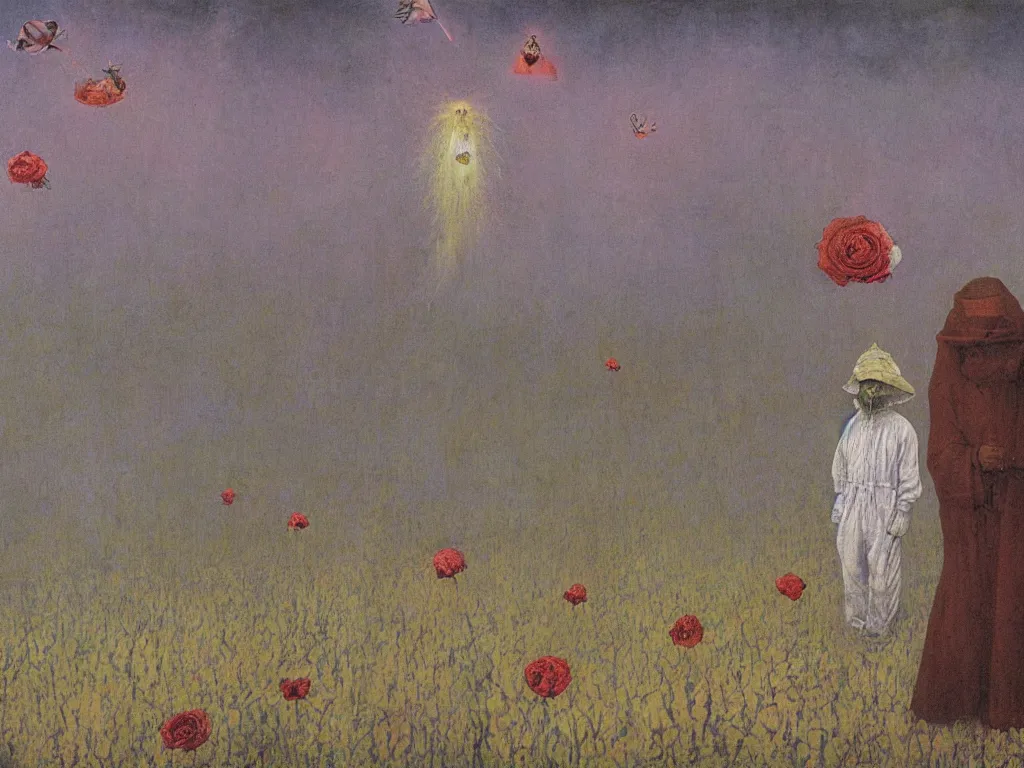 Prompt: man in white beekeeper suit with burning rose garden and small devil creatures. painting by mikalojus konstantinas ciurlionis, bosch, wayne barlowe, agnes pelton, rene magritte