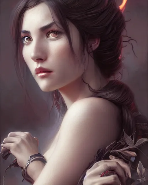 Image similar to Hyperrealistic female demon portrait, art nouveau , fantasys 'i ntr'icate flower des'igns , elegant, highly detailed, sharp focus, art by Artgerm and Greg Rutkowski and WLOP