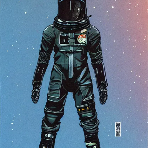 Image similar to cyberpunk japanese man with long limbs and a black spacesuit on a spacewalk, techwear, Industrial Scifi, detailed illustration, character portrait, by Martin Grip and Moebius