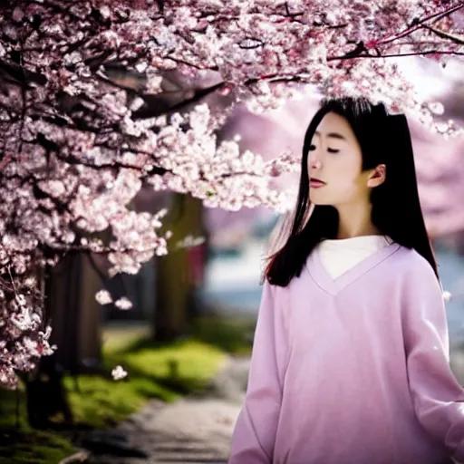 Prompt: a beautiful young Japanese girl, surrounded by sakura petals blowing in the wind, aesthetic!!!, beautiful!!!