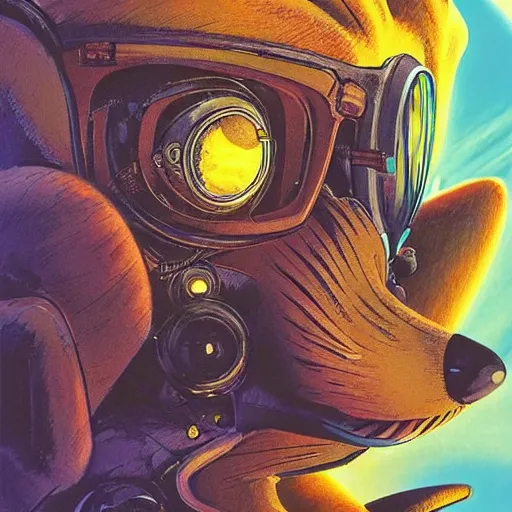 Prompt: sonic the hedgehog, character portrait, portrait, close up, concept art, intricate details, highly detailed, vintage sci - fi poster, retro future, in the style of chris foss, rodger dean, moebius, michael whelan, and gustave dore