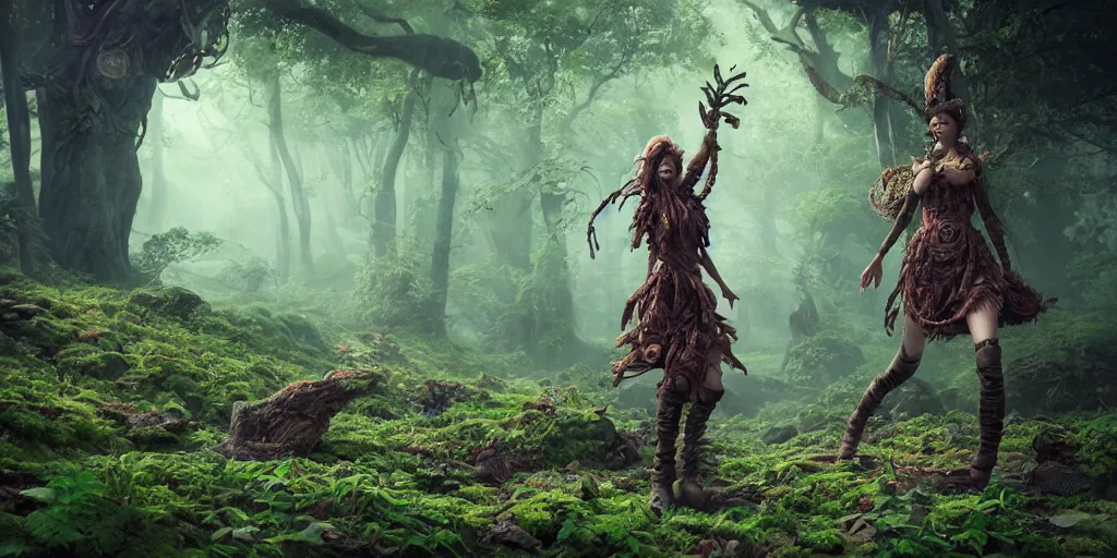 Image similar to knit female earth mage, high quality character design, action pose : : spotlight, magicpunk, biopunk, forestpunk, forest, mushrooms, high detail, 8 k, oled, shadows, reflections, digital art, official art, octane render, dynamic camera angle, unreal engine, dollpunk