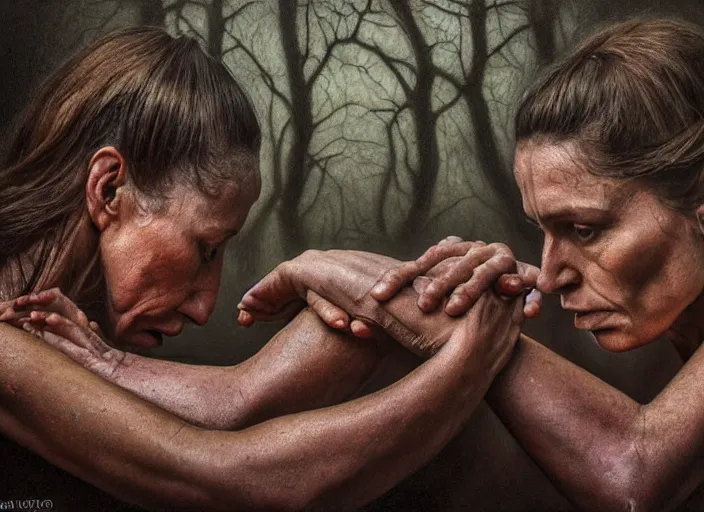 Prompt: photo, female arm wrestlers, woodland location, stefan kostic and david cronenberg, realistic, sharp focus, 8 k high definition, intricate, chiaroscuro, elegant, perfect faces, symmetrical face, extremely detailed, hypnotic eyes, realistic, fantasy art, masterpiece zdzislaw beksinski, national geographic, artgerm