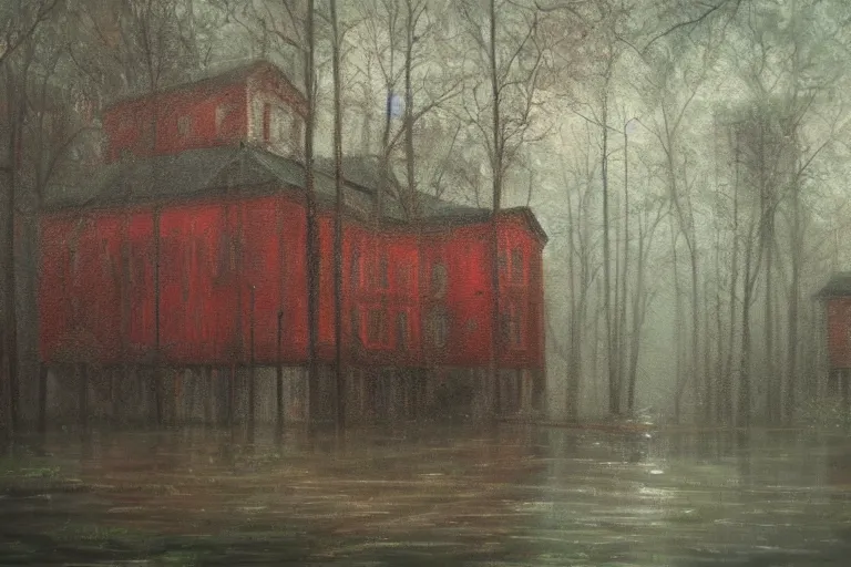 Prompt: A painting of an abadoned building near the river in a forest, it is rainning and the rain is red, oil on canvas, ultra detailed, impressionism, octane rendering