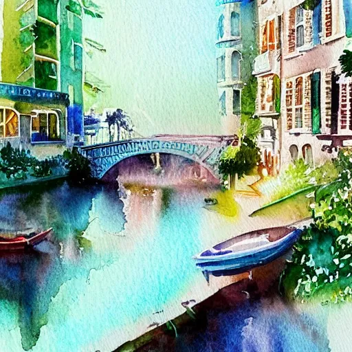 Prompt: Beautiful happy picturesque charming sci-fi town in harmony with nature. Beautiful light. Water and plants. Nice colour scheme, soft warm colour. Beautiful detailed watercolor by Vincent. (2022)