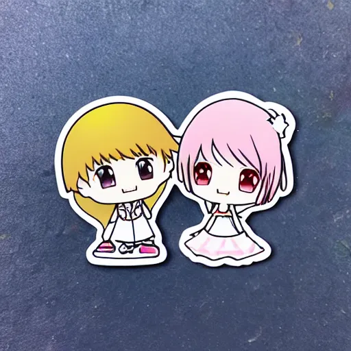 Image similar to die cut sticker of anime chibi kawaii cute boy and girl on beach vacation