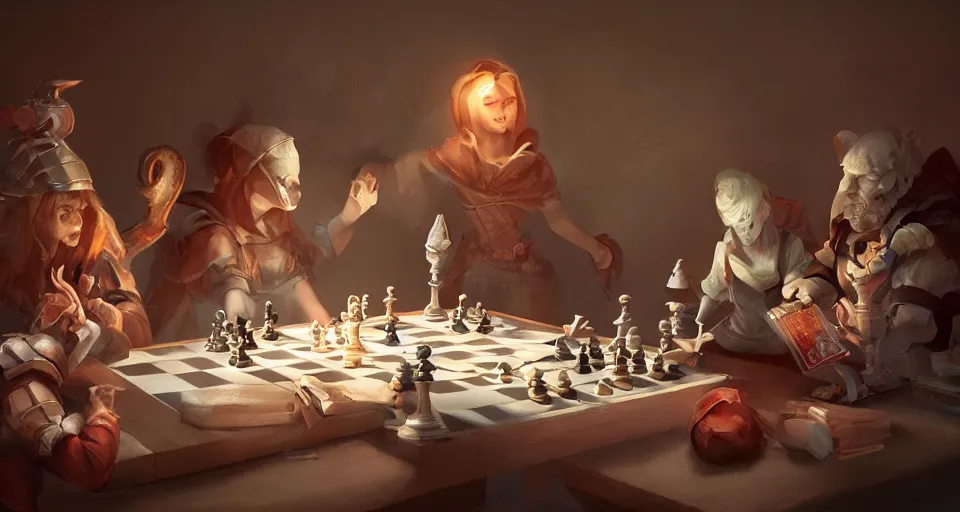 Prompt: in the land of playing cards, chess pieces and dominoes, game pieces come to life, storybook, beautiful, soft lighting, artstation,