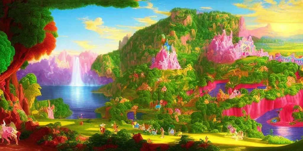 Image similar to a fantasy landscape by lisa frank and thomas cole, candy land