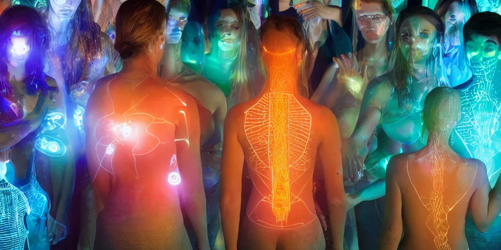 Image similar to diverse groups of humans with glowing electronic body implants projecting amazing 3D graphics, from behind, rebirth, beauty, wide angle, elaborate, wet, highly detailed, colors, beautiful lighting