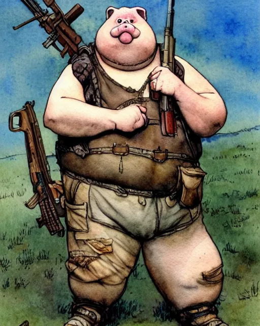 Image similar to a realistic and atmospheric watercolour fantasy character concept art portrait of a fat adorable dirty chibi pig wearing a wife beater and holding a rifle, by rebecca guay, michael kaluta, charles vess and jean moebius giraud