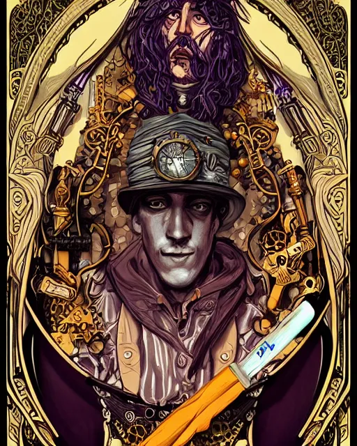 Image similar to a detailed portrait illustration of a steampunk wizard. art nouveau, pop art, comic book style. influenced by neil gaiman, h. p. lovecraft, ross tran, brian froud, killian eng.