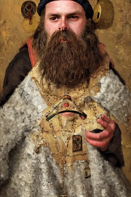 Prompt: slavic dog head man builds the roof, woolen torso in medieval clothes, orthodox saint christopher, oil painting, painting by viktor vasnetsov, concept art, hyperrealism, beautiful, high resolution, trending on artstation,