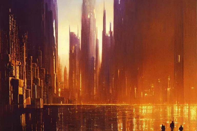 Image similar to city of golden shadows, intricate detailed painting, cityscape, john harris, reflective lighting