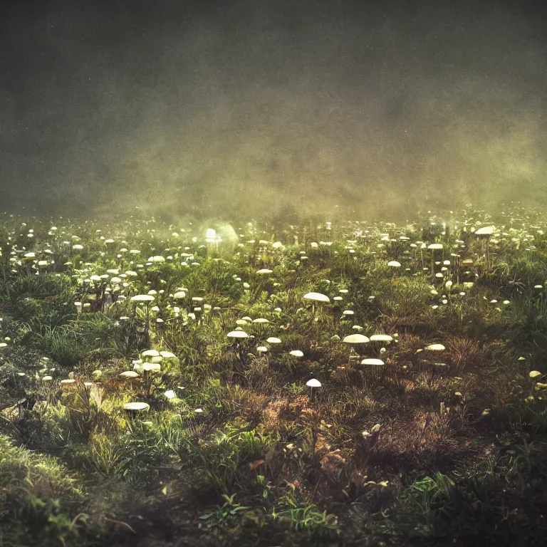 Image similar to a planet of various fungus like trees, mushrooms, flowers and plants, artistic photography, muted colors, conceptual, long exposure outside the city, volumetric light