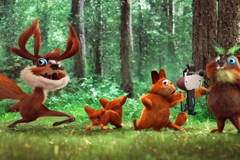 Image similar to woodland creatures battling at war with guns, bullet time, woodland setting