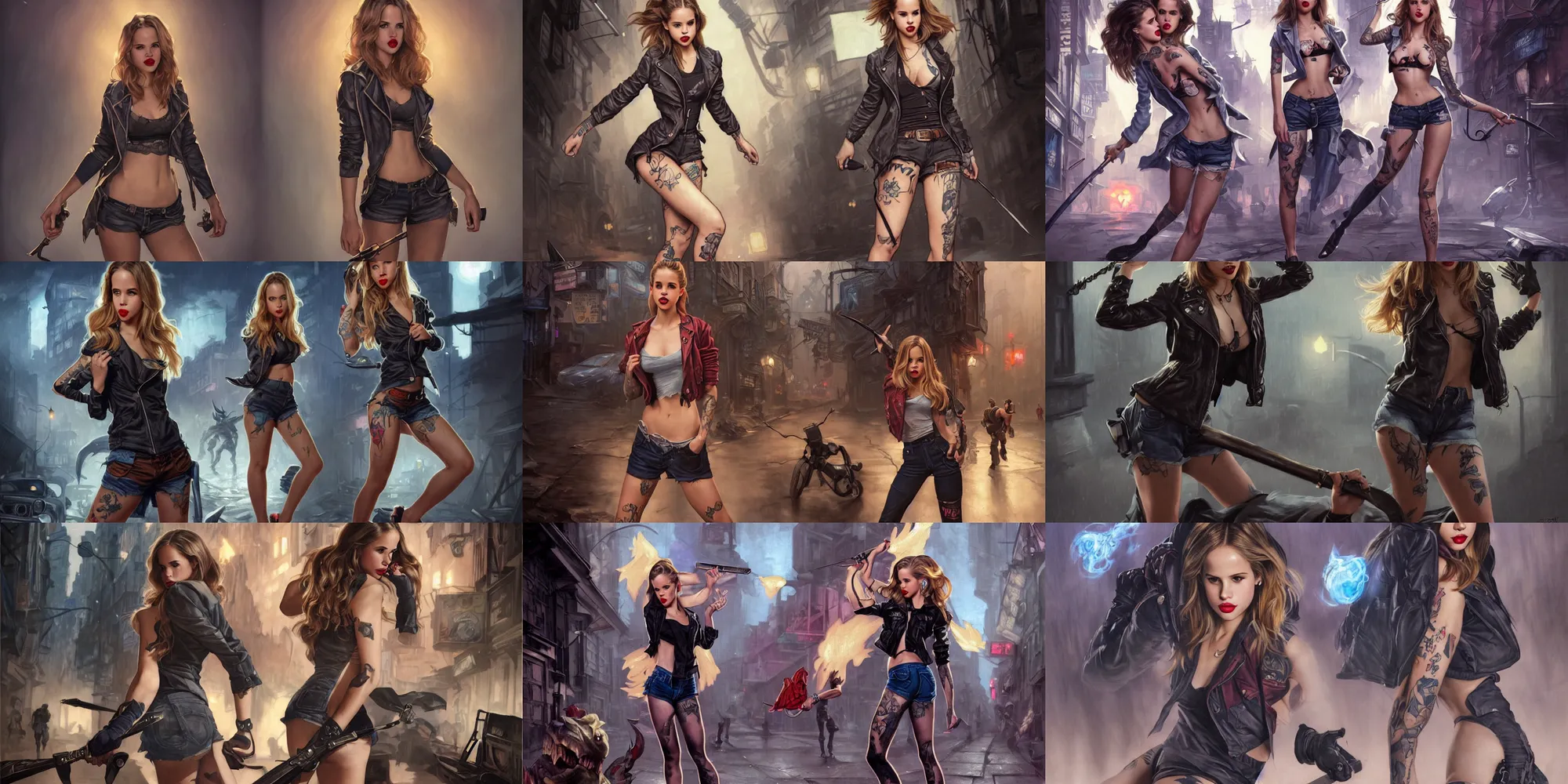 Prompt: tattooed pinup girl halston sage wearing a jacket and ripped shorts and fighting monsters in a dark street, character sheet, character design,, contrast, deep focus, turnaround, highly detailed, dramatic lighting, digital painting, artstation, concept art, matte, sharp focus, illustration, elegant, art by artgerm and greg rutkowski and alphonse mucha.