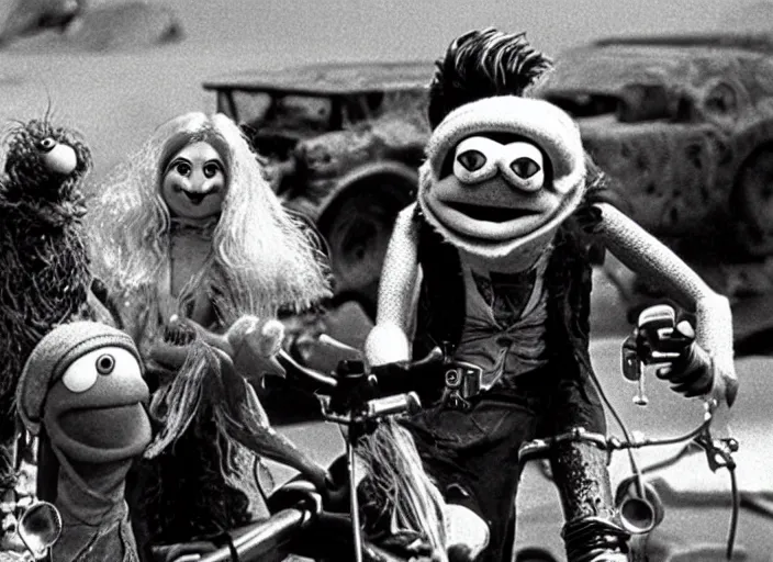 Image similar to scene from the 1979 science fiction film Muppet Mad Max