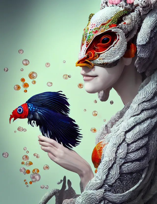 Image similar to 3 d goddess in robe close - up profile portrait with ram skull. beautiful intricately detailed japanese crow kitsune mask and clasical japanese kimono. betta fish, jellyfish phoenix, bio luminescent, plasma, ice, water, wind, creature, artwork by tooth wu and wlop and beeple and greg rutkowski