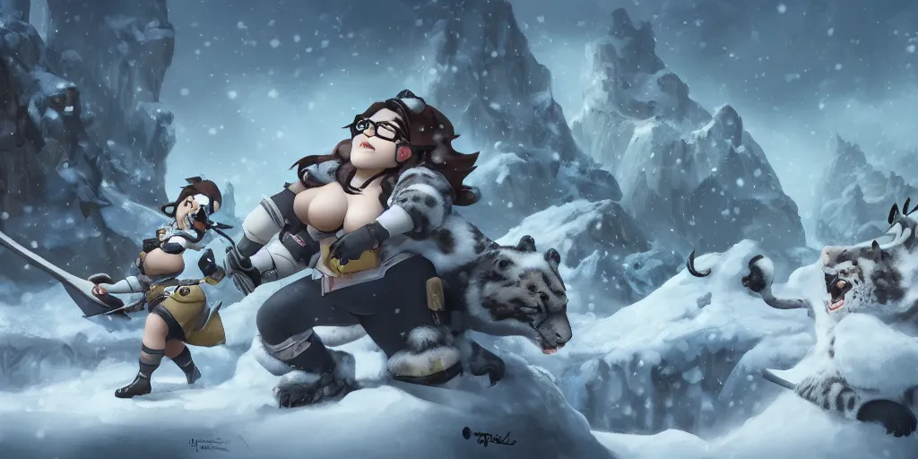 Image similar to matte painting of mei from overwatch holding an axe and fighting snow leopards in ice age, green acid rain, trending on artstation