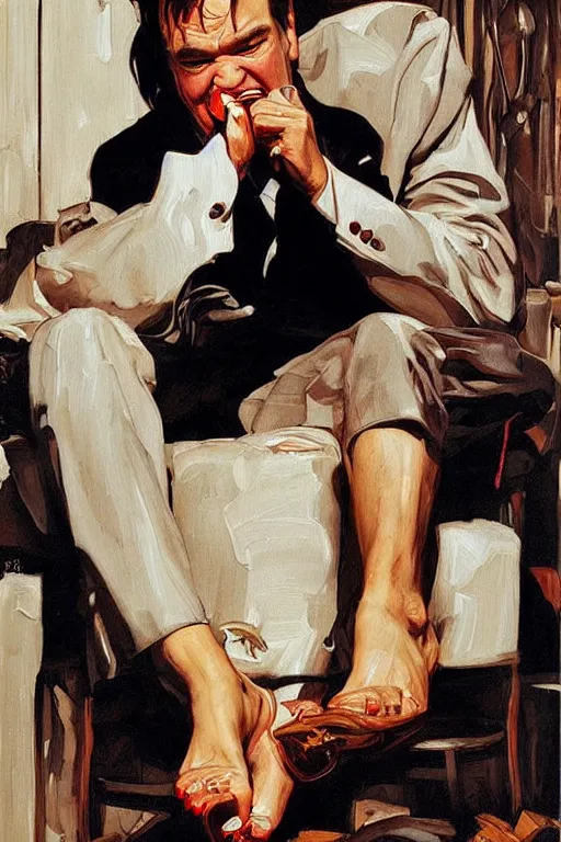 Prompt: quentin tarantino licking a foot, licking!!!!'bare feet '!!!!! painting by jc leyendecker!! phil hale!, angular, brush strokes, painterly, vintage, crisp