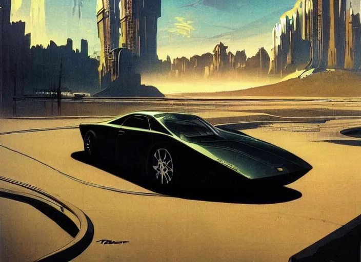 Image similar to a sport sedan car in a future city. style by frank frazetta, peter elson, and eyvind earle.