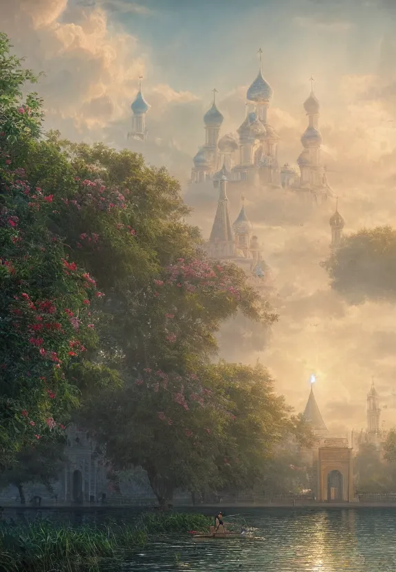 Prompt: vanishing point, palace like the kremlin in distance on a lake is covered with aqua blue roses, viewed from afar, stephen bliss, misty, unreal engine, fantasy art by greg rutkowski, loish, ferdinand knab, and lois van rossdraws,, global illumination, radiant light, minimalist, detailed and intricate environment