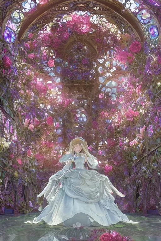 Prompt: a beautiful hyperdetailed physical render of absolutely beautiful princess that wear rose flower wedding gothic lolita dress clothing stay in blooming flower house alone, beutiful face, eye symmetry, dazzling light beam penetrated through the window, perfectly shaded, atmospheric lighting, hyper detailed, style of makoto shinkai, raphael lacoste, louis comfort tiffany, artgerm, james jean, ross tran