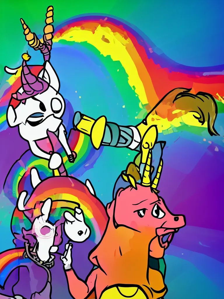 a cartoon rainbow beat boxing unicorn on stage holding | Stable ...