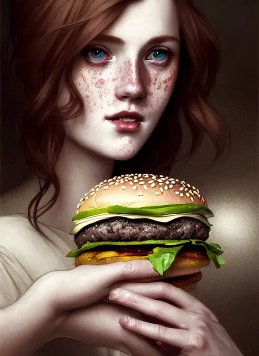 Image similar to close up portrait of wendy thomas, pale young woman with freckles, baroque hamburgers, fast food imagery by artgerm, cushart krenz, greg rutkowski, mucha. art nouveau. gloomhaven, golden arches logo, pale colors, sharp edges. ultra clear detailed. 8 k. elegant, intricate, octane render