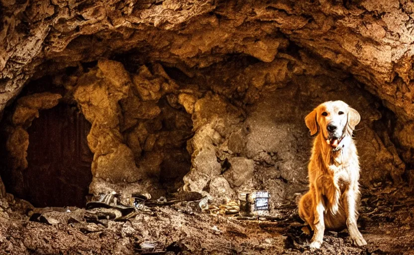 Image similar to a dirty golden retriever in a dark mine wearing a wild west hat and jacket, large piles of gold nuggets, moody lighting, light coming from tunnel entrance, stylized photo