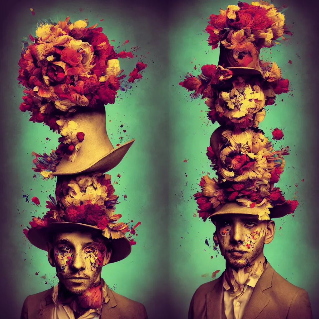 Image similar to an album cover of a man with a strange hat on his head by Alberto Seveso, behance contest winner, award winning, masterpiece, pop surrealism, made of flowers, surrealist-H 1024