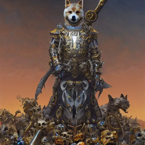 Image similar to anthropomorphic shiba inu, gold armor, standing on pile of skulls, graveyard full of bones and skulls, stuning fantasy 3 d render, masterpiece, glowing dark aura, by donato giancola and greg rutkowski and wayne barlow and zdzisław beksinski, realistic face