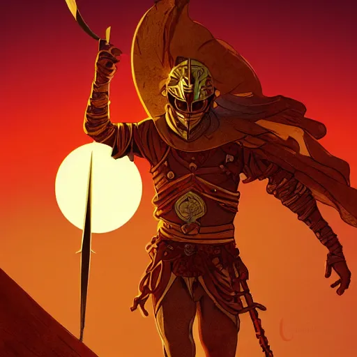 Prompt: an ultra detailed vector image of solaire of astora dressed as the prince of persia, concept art by alphonse mucha and greg rutkowski, bright red desert sands, bright yellow and red sun, octane render, praise the sun