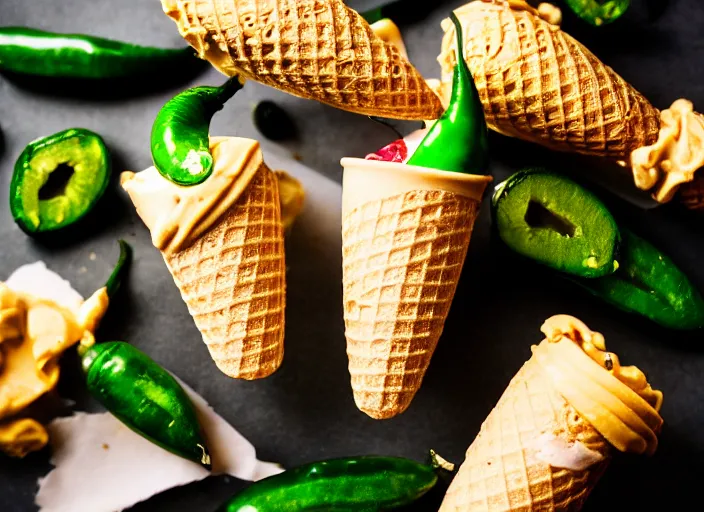 Prompt: dslr food photograph of ice cream cone with sliced jalapeno topping, 8 5 mm f 1. 8