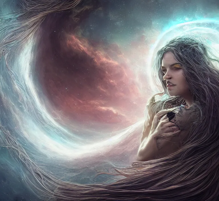 Image similar to beautiful celestial woman with long hair wrapping downward around earth seen for space, hyper-detailed, smooth, sharp focus, depth map, digital painting, apocalyptic art, fantasy dark art, 4k ultra hd, cinematic