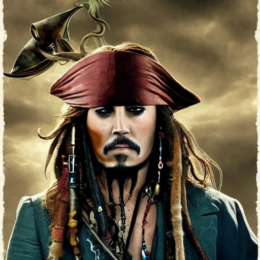 Image similar to a hyperrealistic illustration of Captain Jack Sparrow as Davy Jones, Davy Jones with Tentacles, Face hybrid of Davy Jones and Jack Sparrow, symmetrical face