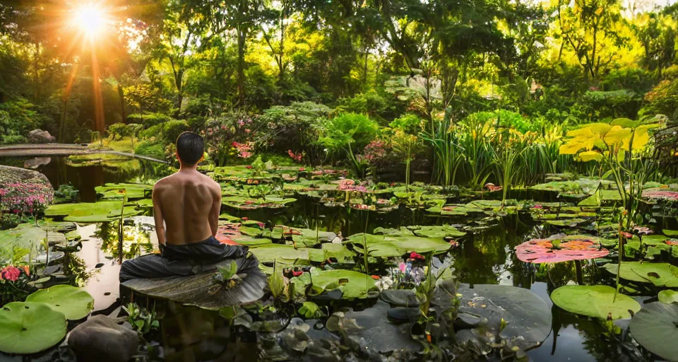 Prompt: ant view of a zen master symmetrical body, clothed in a beautiful kimono quietly sitting in a rock garden overlooking a pond of lilly pads during a sublime sunset, one sun, his dark silhouette completely obscured by bokeh, colorful masterpiece photography,