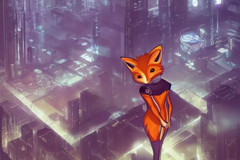 Image similar to an anthropomorphic fox with a fluffy tail staring over a futuristic city from the top of a roof, comic art, trending on furaffinity, cyberpunk, backlighting, cartoon