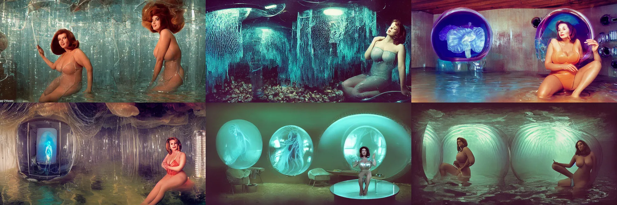 Prompt: glamour photography closeup of voluptuous Nancy Pelosi as a jellyfish human hybrid wearing vacuum tube roman armor, sitting inside of a partially flooded 1970s luxury bungalow cabin with infinity mirror walls, suspended soviet computer console on ceiling, ektachrome color photograph, volumetric lighting, off-camera flash, 14mm wide angle lens f8 aperture