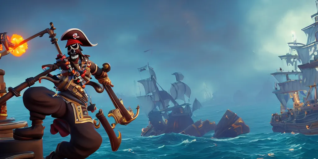 Image similar to a wide shot of a stylized 3D CGI fortnite pirate standing on the front of the ghost ship with the black Jolly Roger flag, the ghost ship is in the middle of the ocean, extremely detailed, pirate portrait, fantasy art overwatch and heartstone, cgsociety, artstation hq, octane render, 8k,