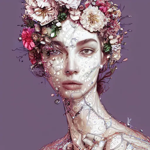 Image similar to the portrait of an absurdly beautiful, graceful, elegant, sophisticated, fashionable young woman made of strawberries and white petals with tears, an ultrafine hyperdetailed illustration by kim jung gi, irakli nadar, intricate linework, bright colors, octopath traveler, final fantasy, unreal engine 5 highly rendered, global illumination, radiant light, detailed and intricate environment