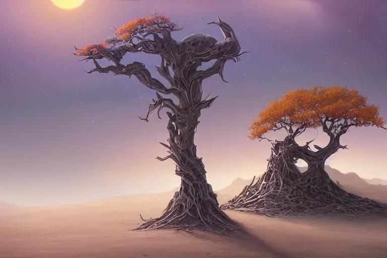 Prompt: cinematic fantasy landscape painting by jessica rossier, primordial and cosmic, desert valley of bones, an eclipse, over an autumn maple bonsai growing alone that is yggdrasil, on a desolate sand dune hr giger