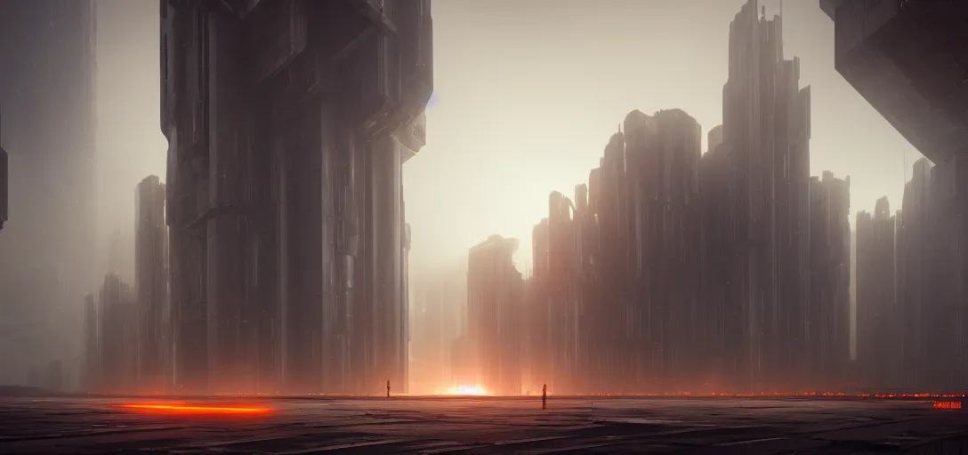 Image similar to dramatic view of empty brutalist cyberpunk underground structure, giant towering pillars, glowing orange fog, unreal engine, dramatic lighting, detailed, ambient occlusion, 3 d artstation render by paul chadeisson and jessica rossier