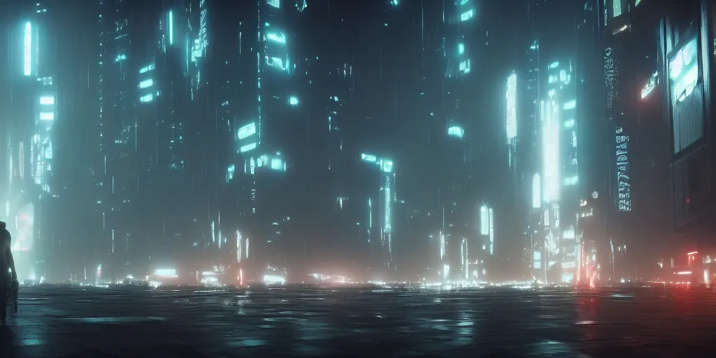 Image similar to modern futuristic city, cinematic, blade runner style, robots and humans, atmospheric, hazy, dark lighting, ILM, vfx, cinematography by greig fraser