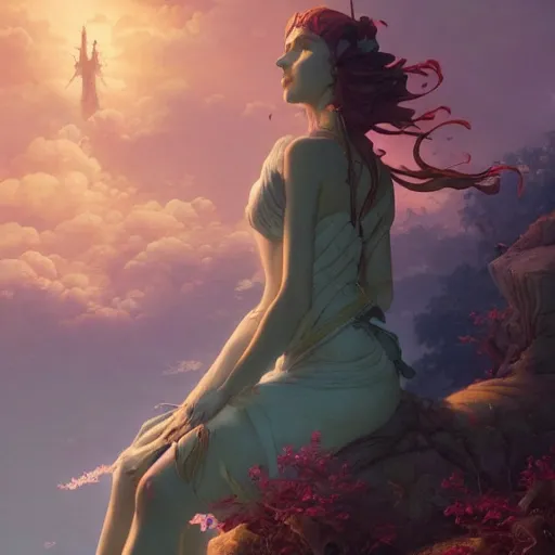 Prompt: beautiful girl on the horizon, looking at camera, model pose, slightly smiling, by peter mohrbacher and makoto shinkai and ferdinand knab