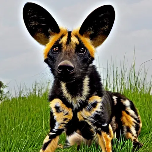 Prompt: Look at this african painted dog with his huge radar ears- positively fluffsome all around and no doubt prone to rambunctiousness